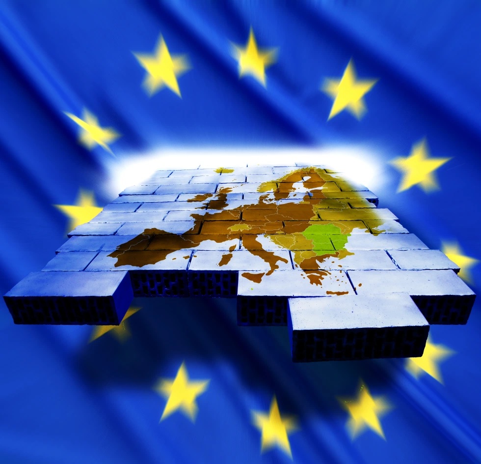Map of Europe in 3D with EU's flag in background